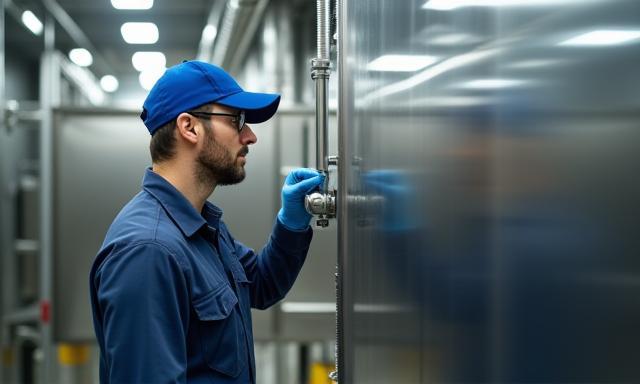 Plumber working in a commercial building setting.