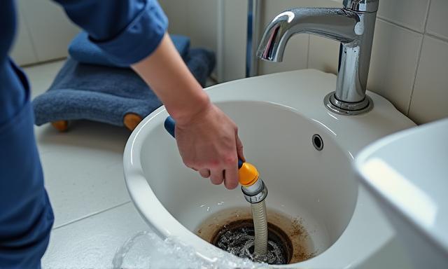Plumber working on a clogged drain.