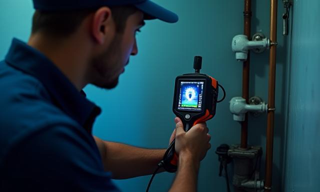 Plumber using leak detection equipment.